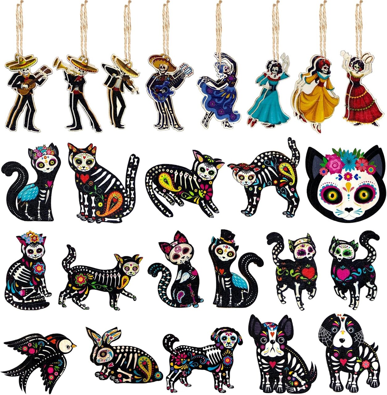 48 Pcs Dia De Los Muertos Decorations, Day of The Dead Wooden Hanging Ornaments for Altar Tree Halloween Decor Cat Dog Rabbit Skeleton Skulls for Mexican Fiesta Festival Party Favor Home Gift